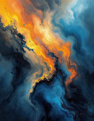 The primary subject of the image is a painting of a blue and yellow swirl, with a mix of orange and blue colors. The setting is a blue background, and the visual style appears to be a digital art or illustration. The painting creates a vibrant and dynamic atmosphere, with the swirl's colors and patterns capturing the viewer's attention.