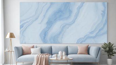 The primary subject of the image is a large, blue marble wallpaper that covers the entire wall. The setting is a living room with a couch and a dining table. The visual style is a realistic representation of the marble wallpaper, and the colors and mood are predominantly blue, creating a calm and serene atmosphere.