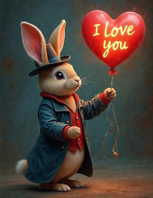 The primary subject of the image is a bunny holding a red heart-shaped balloon. The setting is a room with a wall visible in the background. The visual style is a digital art illustration, creating a whimsical and playful atmosphere. The colors are predominantly red and pink, with the heart-shaped balloon being the main focus of the image.
