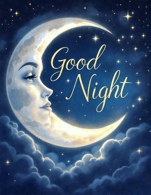 Good Night: A beautiful illustration of a woman with a crescent moon above her head, symbolizing the night. The image is set against a blue sky, and the woman's face is the primary focus of the scene. The visual style is a combination of digital art and illustration, creating a serene and calming atmosphere. The colors are predominantly blue and white, with the woman's face being the only area of color, adding a touch of warmth to the scene.