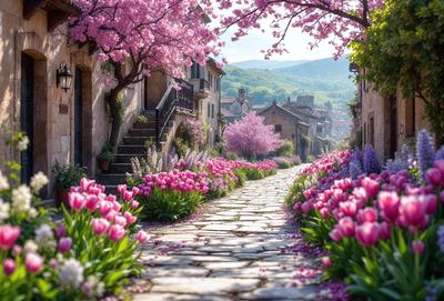 The primary subject of the image is a narrow alleyway lined with pink flowers, creating a beautiful and serene atmosphere. The setting is a small village with houses and trees in the background. The visual style is a photo, capturing the natural beauty of the flowers and the alleyway. The colors and mood are predominantly pink, which adds a sense of warmth and tranquility to the scene.