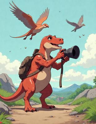 Primary subject: A cartoon dinosaur holding a camera.

Setting/background: A lush green field with a mountain in the background.

Visual style: Digital art.

Colors and mood: The image is colorful and has a cheerful, playful atmosphere.