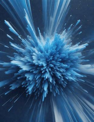 The primary subject of the image is a blue, swirling, and colorful explosion. The setting is a dark background, which contrasts with the vibrant colors of the explosion. The visual style appears to be a combination of digital art and illustration, creating a dynamic and eye-catching scene. The dominant colors are blue and white, with the blue being the most prominent. The overall atmosphere of the image is energetic and captivating.