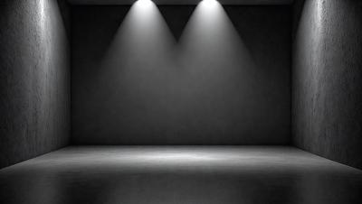 The primary subject of the image is a large, empty room with a black background. The room is illuminated by a series of bright, white spotlights, creating a dramatic and striking atmosphere. The visual style of the image is a black and white photo, which adds to the dramatic and artistic feel of the scene. The colors and mood of the image are predominantly dark and moody, with the white spotlights providing a contrasting element of brightness and light.