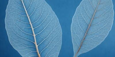The image features two large, blue leaves with a leafy texture. The leaves are placed against a blue background, creating a striking contrast. The visual style of the image is a close-up of the leaves, showcasing their intricate details. The dominant colors in the image are blue and green, giving the scene a calm and serene atmosphere.