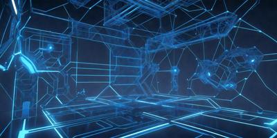 The primary subject of the image is a futuristic, blue-lit room with a large, open space. The setting is a dark room with a blue glow, creating a unique atmosphere. The visual style is a combination of digital art and illustration, giving the room a futuristic and modern appearance. The dominant colors are blue and black, which contribute to the room's mysterious and intriguing ambiance.