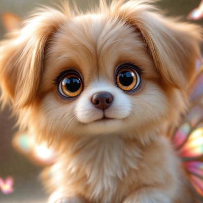 The primary subject of the image is a small, cute, and fluffy dog with big eyes. The dog is sitting on a surface, possibly a table, and appears to be looking at the camera. The setting is indoors, with a backdrop of a butterfly pattern. The visual style is a combination of photo and digital art, creating a whimsical and adorable scene. The colors are predominantly warm and inviting, with the dog's fur being a prominent feature. The overall atmosphere is cheerful and endearing.