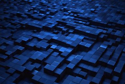The primary subject of the image is a blue, three-dimensional grid pattern. The setting is a dark blue background, which creates a contrasting and visually striking effect. The visual style is a combination of digital art and illustration, as the grid pattern is created using a digital medium. The colors and mood of the image are predominantly dark and moody, with the blue hue adding a sense of depth and sophistication to the overall composition.