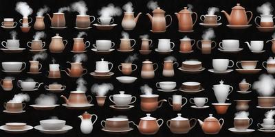 The primary subject of the image is a collection of various coffee pots and cups. The setting is a black background, which creates a contrast with the colorful cups. The visual style is a combination of digital art and illustration, as the cups are depicted in a detailed and artistic manner. The colors and mood of the image are vibrant and lively, with the cups and pots showcasing a variety of colors and patterns.