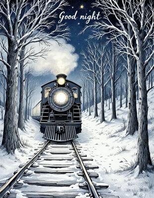 Primary subject: A train traveling on train tracks.

Setting/background: A snowy landscape with trees in the background.

Visual style: Digital art.

Colors and mood: The image is in black and white, giving it a classic and nostalgic feel.