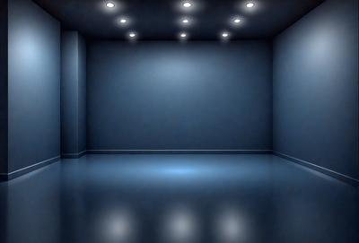 The primary subject of the image is a large, empty room with a blue wall. The setting is a dark room with a blue color scheme, giving it a somewhat eerie atmosphere. The visual style appears to be a photo, as it captures the room's emptiness and the blue color of the wall.