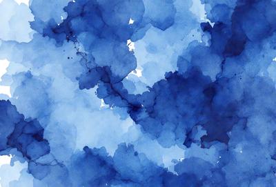 The primary subject of the image is a blue and white painting of a cloudy sky. The setting is a blue background, and the visual style appears to be a digital art or illustration. The dominant colors in the painting are blue and white, creating a calm and serene atmosphere.