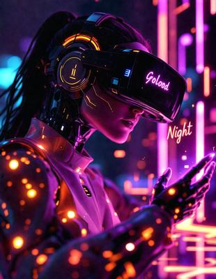 The primary subject of the image is a woman wearing a futuristic outfit, including a headset and a glowing dress. She is holding a remote control in her hand. The setting is a futuristic environment with neon lights and a cityscape in the background. The visual style is a combination of digital art and illustration, creating a vibrant and futuristic atmosphere. The colors and mood are predominantly neon and futuristic, with a sense of excitement and technology.