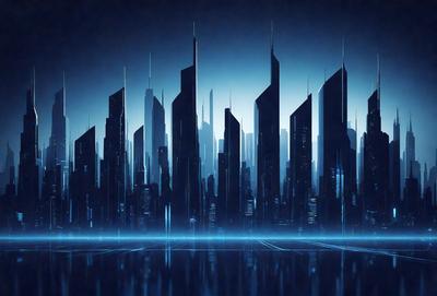The primary subject of the image is a futuristic cityscape with tall buildings and a blue sky. The setting is a city with a large number of skyscrapers, creating a sense of scale and grandeur. The visual style is a digital art or illustration, showcasing the artist's creativity and imagination. The colors and mood of the image are predominantly blue, giving it a calm and serene atmosphere.