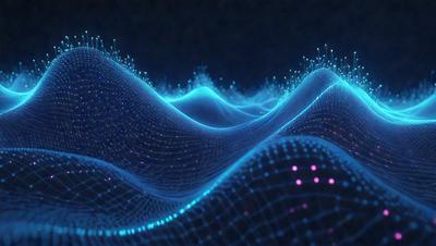 The primary subject of the image is a blue, digital art-like representation of a mountain range. The setting is a dark background, which contrasts with the bright blue lines and shapes that make up the mountain range. The visual style is a combination of digital art and a pattern, creating a unique and intriguing image. The colors and mood are predominantly blue, giving the scene a calm and serene atmosphere.