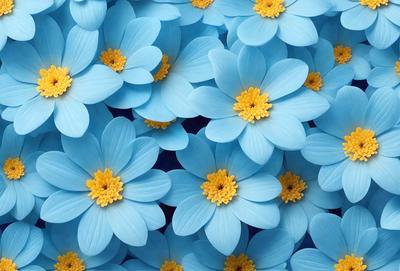 The primary subject of the image is a large group of blue flowers, with yellow centers. The flowers are arranged in a visually appealing manner, creating a sense of depth and dimension. The setting is a blue background, which complements the vibrant colors of the flowers. The visual style of the image is a close-up of the flowers, showcasing their intricate details and textures. The dominant colors in the image are blue and yellow, creating a serene and calming atmosphere.