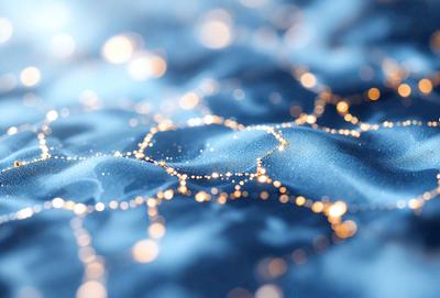 The primary subject of the image is a blue surface with a pattern of bright lights, creating a visually appealing and luminous effect. The setting appears to be a blue ocean or a blue-toned background, which adds to the overall atmosphere of the scene. The visual style of the image is a combination of photo and digital art, as it captures the vibrant colors and patterns of the blue surface. The colors and mood of the image are predominantly blue, with the bright lights adding a touch of warmth and energy to the scene.