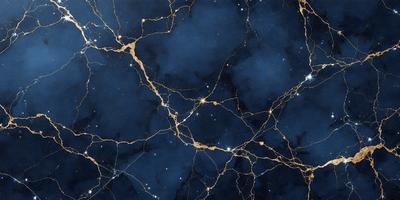 The primary subject of the image is a blue and gold starry background. The setting is a dark, star-filled sky, with the stars appearing as golden specks. The visual style is a combination of a photo and digital art, creating a unique and captivating atmosphere. The colors and mood of the image are predominantly blue and gold, with the stars adding a touch of white.
