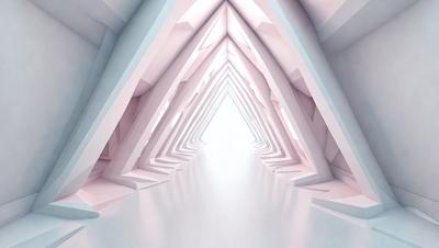 The primary subject of the image is a long, narrow hallway with a white floor and walls. The setting is a futuristic, white-walled environment. The visual style is digital art, as the hallway appears to be a 3D model or a computer-generated image. The colors and mood of the image are predominantly white, giving it a clean and minimalist appearance.