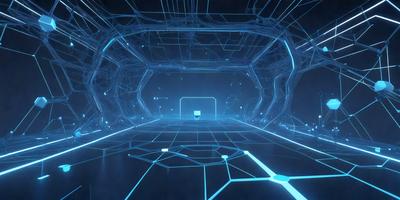 The primary subject of the image is a futuristic, blue-lit room with a large, open space. The setting is a dark room with a blue glow, creating a unique atmosphere. The visual style is a combination of digital art and illustration, giving the room a futuristic and modern appearance. The dominant colors are blue and black, which contribute to the room's mysterious and intriguing ambiance.