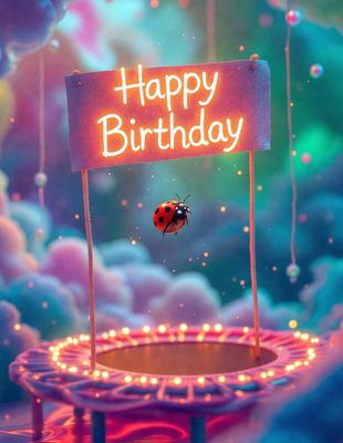 The primary subject of the image is a ladybug, which is the main object in the scene. The ladybug is sitting on a pink circle, which is the center of attention in the image. The setting is a colorful and vibrant environment, with a background that includes a sign that reads "Happy Birthday." The visual style of the image is a combination of photo and digital art, creating a unique and eye-catching presentation. The colors and mood of the image are predominantly pink and cheerful, reflecting the celebratory nature of the scene.