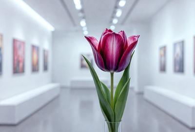 The primary subject of the image is a single red flower, which is placed in a clear vase. The setting is a white room with a bench in the background. The visual style is a photo, and the dominant colors are red and white, creating a warm and inviting atmosphere.