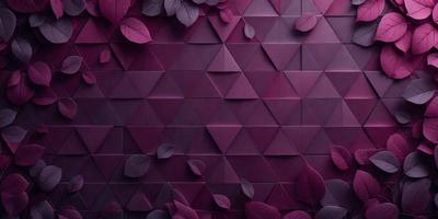 The primary subject of the image is a purple wall with a pattern of triangles. The setting is a room with a purple background, and the visual style is a combination of digital art and illustration. The dominant colors are purple and pink, creating a warm and inviting atmosphere. The wall is adorned with leaves, adding a touch of nature and a sense of depth to the scene.