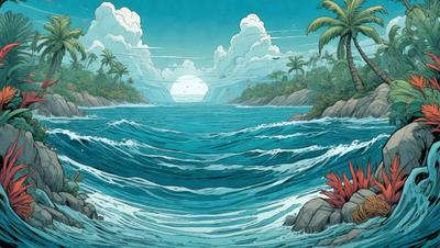 The image is a digital art illustration of a beautiful tropical island with a lush green landscape. The primary subject is a large body of water, which appears to be a blue ocean. The setting is a serene island with palm trees and a sunset in the background. The visual style is a combination of realistic elements and artistic expression, creating a vibrant and captivating scene. The colors and mood are warm and inviting, with a sense of tranquility and relaxation.