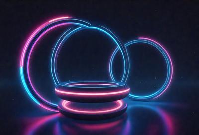 The primary subject of the image is a neon ring, which is a brightly colored, glowing circle. The ring is located in a dark environment, which adds to the dramatic and moody atmosphere of the scene. The visual style of the image is digital art, as it appears to be a computer-generated or digitally manipulated image. The colors and mood of the image are predominantly pink and purple, creating a sense of warmth and mystery.