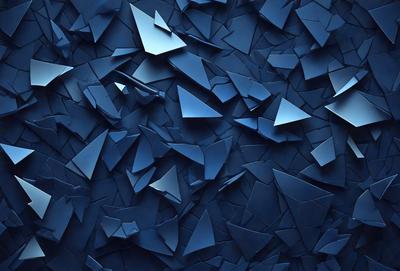 The primary subject of the image is a blue wall with a pattern of triangles. The setting is a room with a blue background, and the visual style appears to be a digital art or illustration. The dominant colors are blue and white, creating a calm and soothing atmosphere.
