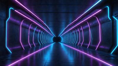The primary subject of the image is a tunnel with a blue light illuminating it. The setting is a dark tunnel, and the visual style appears to be a digital art or illustration. The dominant colors are blue and purple, creating a cool and futuristic atmosphere.
