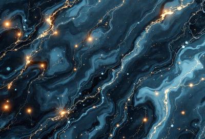 The primary subject of the image is a blue and black swirling pattern, which appears to be a digital art or illustration. The setting is a dark background, and the visual style is a combination of digital art and a pattern. The dominant colors are blue and black, creating a moody and dramatic atmosphere.
