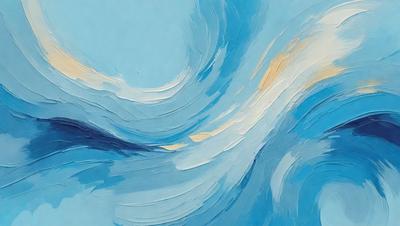 The primary subject of the image is a painting of a blue ocean with a wave. The setting is a blue background, and the visual style appears to be a digital art or illustration. The dominant colors in the painting are blue and white, creating a serene and calming atmosphere.
