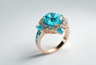 The primary subject of the image is a ring with a blue gemstone. The ring is set in a gold ring and features a blue gemstone in the center. The ring is placed on a white surface, which serves as the background. The visual style of the image is a close-up of the ring, highlighting its details and beauty. The colors and mood of the image are predominantly white and gold, with the blue gemstone adding a touch of color and elegance to the overall composition.