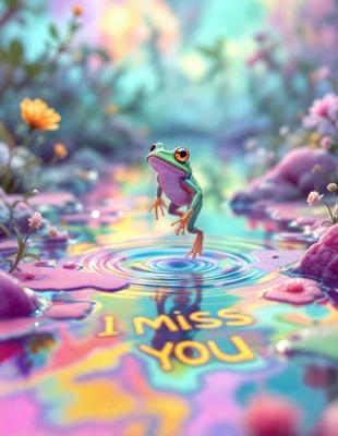 The primary subject of the image is a small green frog standing in a body of water. The setting is a colorful, rainbow-colored environment, which adds a vibrant and lively atmosphere to the scene. The visual style of the image is a combination of digital art and illustration, creating a unique and eye-catching appearance. The colors and mood of the image are predominantly bright and cheerful, with the frog being the central focus of the composition.