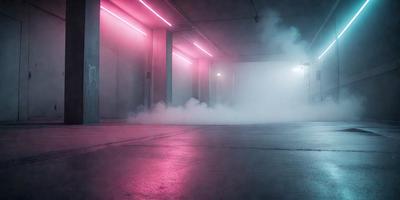 The primary subject of the image is a large, pink neon sign. The setting is a dark, industrial-looking room with a concrete floor. The visual style is a photo, and the dominant colors are pink and purple. The overall atmosphere is moody and dramatic.