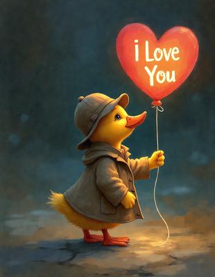 The primary subject of the image is a small yellow duckling holding a red heart-shaped balloon. The setting is a dark background, which contrasts with the bright colors of the duckling and the balloon. The visual style is a digital art illustration, giving the image a whimsical and playful atmosphere. The dominant colors are yellow, red, and black, with the red heart-shaped balloon being the most prominent feature in the scene.