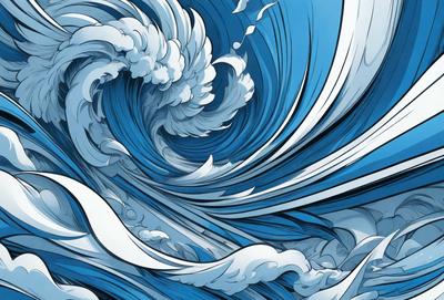 The primary subject of the image is a large, blue wave with white clouds on top of it. The wave is the main focus of the image, and it appears to be a digital art or illustration. The setting is a blue ocean, and the visual style gives the impression of a painting or drawing. The dominant colors are blue and white, creating a serene and calming atmosphere.