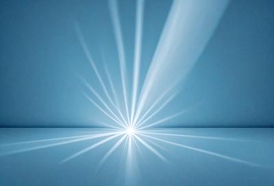 The primary subject of the image is a bright light source, which appears to be a light bulb or a light source in the distance. The light source is shining through a blue background, creating a visually striking scene. The visual style of the image is a combination of photo and digital art, as it captures the light source's rays and the blue background. The colors and mood of the image are predominantly blue, with the light source creating a sense of depth and dimension.