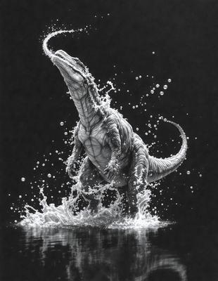 The primary subject of the image is a large, white, and gray dinosaur, possibly a T-Rex, with its mouth open and water spraying out. The setting is a dark, possibly black and white, background. The visual style appears to be a combination of digital art and illustration, creating a dynamic and dramatic scene. The colors and mood of the image are predominantly dark and moody, with the water and dinosaur's mouth adding a sense of movement and intensity.