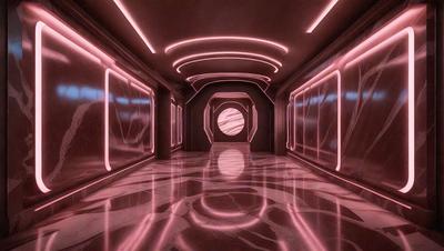 The primary subject of the image is a hallway with a large, round, pink light in the center. The hallway is illuminated by the pink light, creating a unique and visually striking atmosphere. The setting is a futuristic environment, with the hallway appearing to be part of a space station or a similar futuristic structure. The visual style of the image is a combination of photo and digital art, creating a surreal and captivating scene. The colors and mood of the image are predominantly pink, which adds a sense of warmth and whimsy to the overall atmosphere.