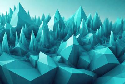 The primary subject of the image is a large, three-dimensional structure made of blue and white geometric shapes. The setting is a blue sky, and the visual style is digital art. The dominant colors are blue and white, creating a calm and serene atmosphere.