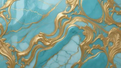 The primary subject of the image is a blue and gold marble wall. The setting is a room with a blue and gold marble wall, which serves as the background. The visual style is a combination of digital art and illustration, creating a unique and intricate design. The dominant colors are blue and gold, giving the wall a luxurious and elegant appearance.