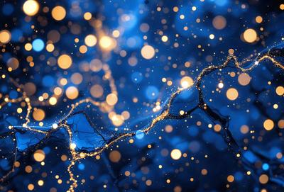 The primary subject of the image is a blue background with a pattern of bright lights, creating a visually striking and colorful scene. The setting appears to be a nighttime sky, with the lights creating a sense of depth and movement. The visual style of the image is a combination of digital art and illustration, as the lights are arranged in a way that resembles a DNA strand. The colors and mood of the image are predominantly blue and vibrant, with the lights adding a sense of energy and dynamism to the scene.