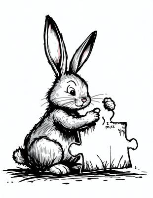 The primary subject of the image is a cute bunny rabbit. The setting is a grassy field, and the visual style is a black and white drawing. The colors and mood of the image are predominantly black and white, giving it a classic and timeless feel.