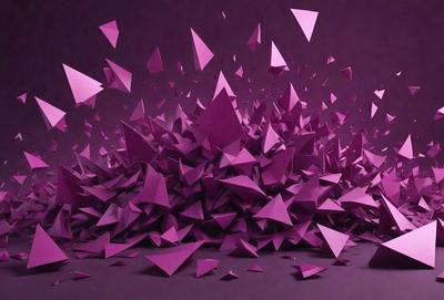 The primary subject of the image is a large pile of purple triangles. The setting is a dark background, which contrasts with the bright purple triangles. The visual style is a digital art or illustration, as the triangles are arranged in a visually appealing manner. The colors and mood of the image are predominantly purple, creating a sense of depth and intrigue.