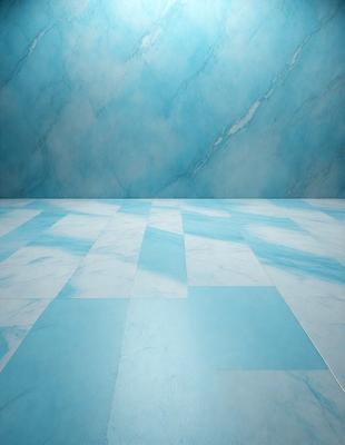 The primary subject of the image is a blue marble tile floor. The setting is a room with a blue wall, and the visual style is a photo. The dominant colors are blue and white, creating a calm and serene atmosphere.