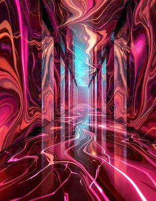 The primary subject of the image is a long, narrow hallway with a pink and purple color scheme. The setting is a futuristic, artistic environment, possibly a museum or an art gallery. The visual style is a combination of digital art and illustration, creating a unique and captivating atmosphere. The dominant colors are pink and purple, giving the hallway a vibrant and lively appearance.