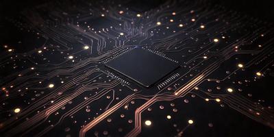 The primary subject of the image is a close-up of a computer chip, which is the main focus of the image. The setting is a black background, which provides a contrasting backdrop for the chip. The visual style is a close-up of the chip, showcasing its intricate details. The colors and mood of the image are predominantly black and white, giving it a modern and technological feel.