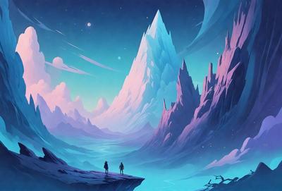 The primary subject of the image is a mountain with a large peak, which is the main focus of the scene. The setting is a nighttime landscape with a purple sky, creating a serene and dramatic atmosphere. The visual style is a digital art or illustration, showcasing the mountain and its surroundings in a detailed and artistic manner. The colors and mood of the image are predominantly purple, which adds to the overall sense of mystery and beauty.